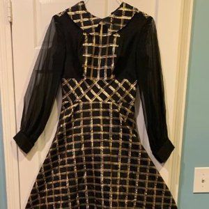 Vtg 1970s Black Gold Silver Lamé Hostess Gown S